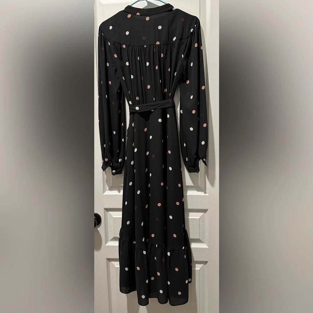 Kate Spade Long Sleeve Bakery Dot Midi Wrap Dress Black w Pink & White Polka Dot - Picture 7 of 8